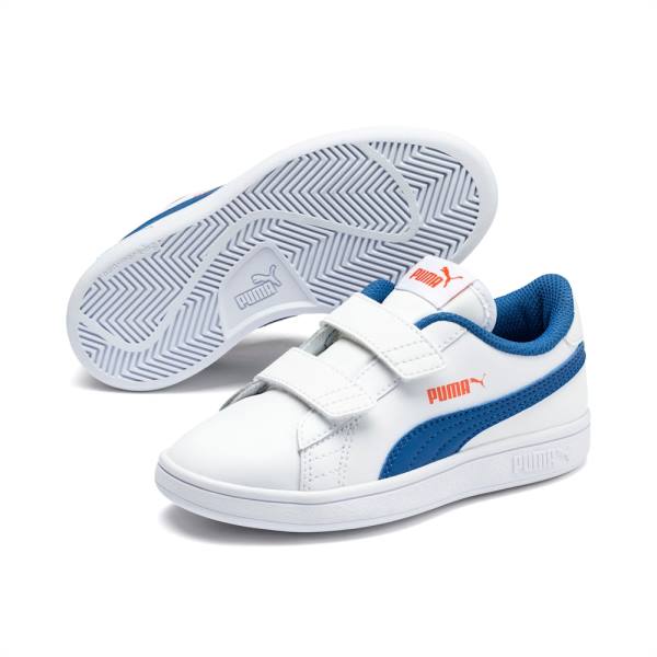 White / Blue Boys' Puma Smash v2 Leather Sneakers | PM491UTG