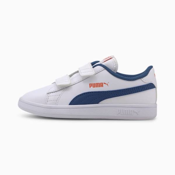 White / Blue Boys' Puma Smash v2 Leather Sneakers | PM491UTG