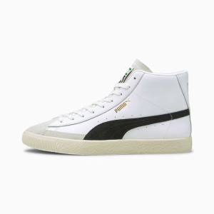 White / Black / Gold Men's Puma Basket Mid Vintage Sneakers | PM319YJN