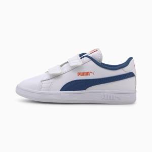 White / Blue Girls' Puma Smash v2 Leather Sneakers | PM378CBH