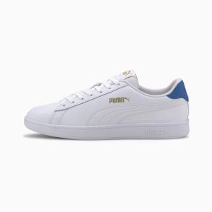 White Blue Gold Women's Puma Smash v2 Leather Sneakers | PM426ODM