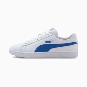 White / Blue Women's Puma Smash v2 Leather Sneakers | PM689MAU
