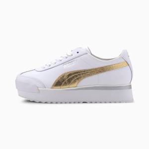 White / Gold Women's Puma Roma Amor Metal Sneakers | PM752XIB