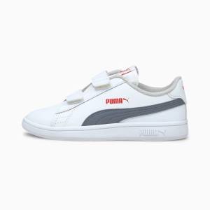 White / Grey Girls' Puma Smash v2 Leather Sneakers | PM851NJB