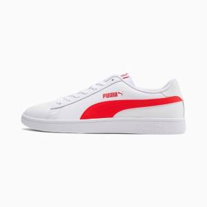 White / Red / Grey Men's Puma Smash v2 Leather Sneakers | PM892YED